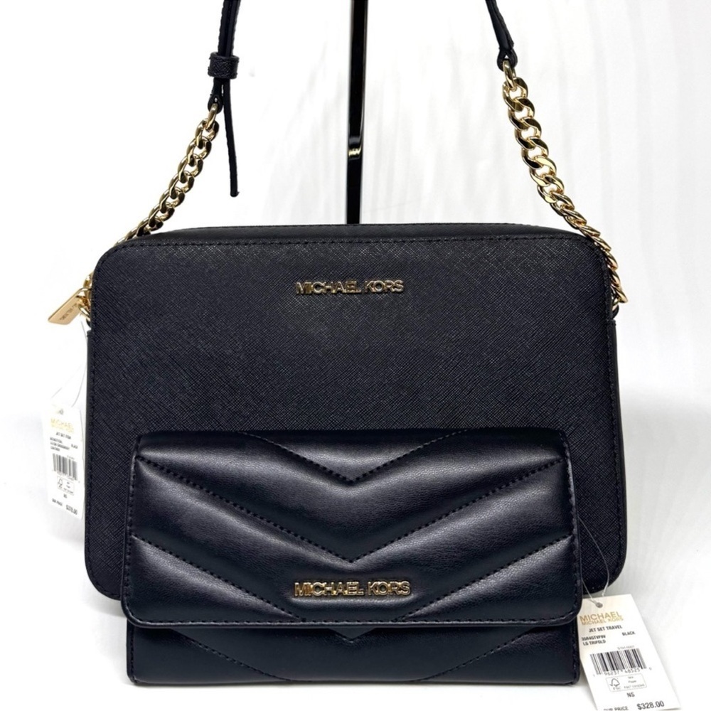 Michael Kors Large Logo Crossbody Bag & Matching Quilted Trifold Wallet Black - Picture 2 of 11